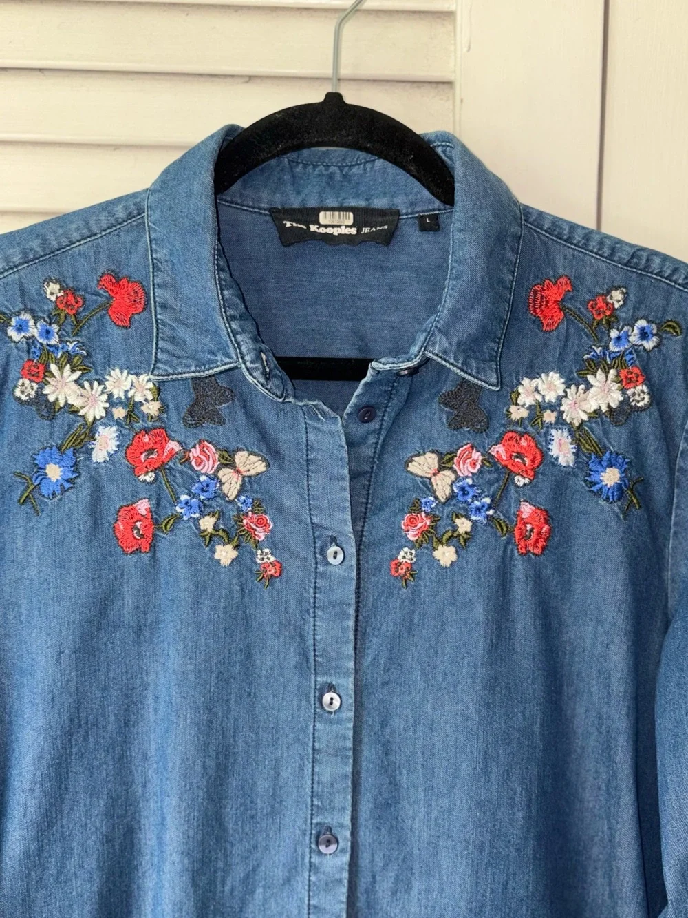 The Kooples Jeans Embroidered Floral Denim Button Down Shirt Blue Large - Picture 4 of 7
